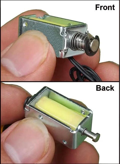 Front and back view of 12V DC Micro Push Pull Solenoid Actuator with 4mm stroke for precise linear motion in automation projects.