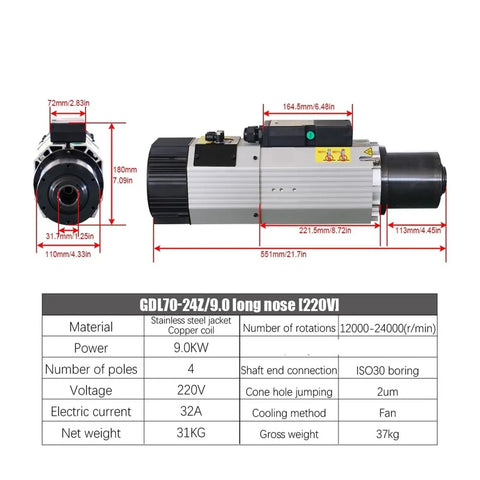 Rigged Right Built Different Air Cooled Automatic Tool Changer Spindle 9Kw 24000Rpm Iso 30 Taper Sealed Design For Cnc Routers with dimensions and specs.