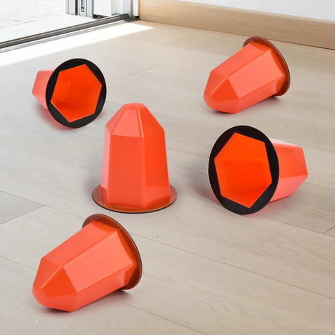 Top Tier 13 Piece Magnetic Fire Sprinkler Covers For Zero Fuss Temporary Paint Masks Tough PVC Recessed Sprinkler Protectors Cinch Setup DIY home reno, five orange covers on floor.
