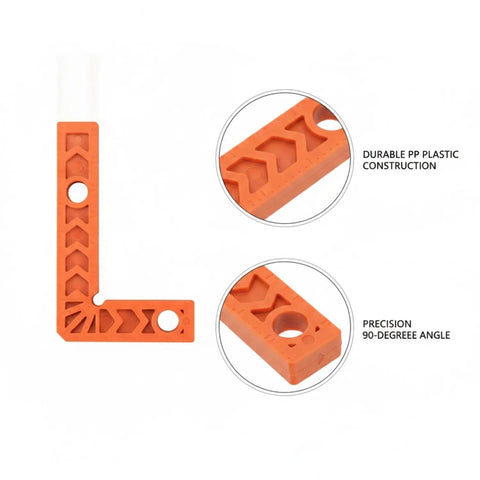 Dead Straight 90 Degree Woodworking Jig For Square Corner Assembly, No Sweat L Shape Positioner built from thick orange plastic.