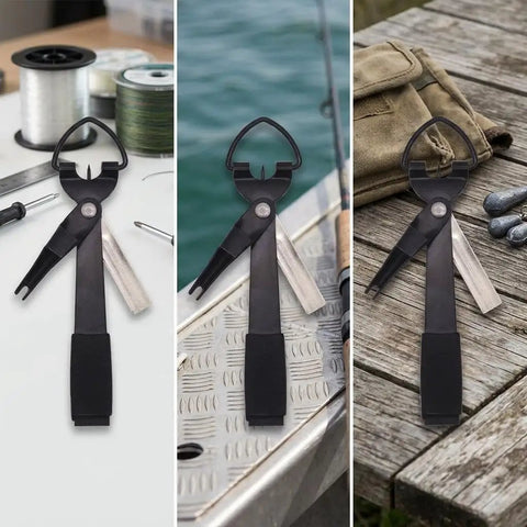 Line Cutter With Cleaner Stainless Steel Multi Tool For Anglers on table, boat, and dock highlighting versatility and build.