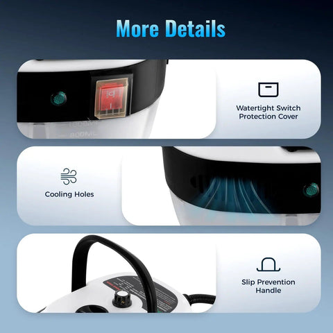 Close-up details of Heavy Duty Handheld Steam Cleaner 110V 2500W with watertight switch, cooling holes, and slip prevention handle.