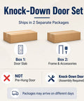 Knock-Down Door Set packaging showcasing Box 1 for door slab and Box 2 for frame and accessories.