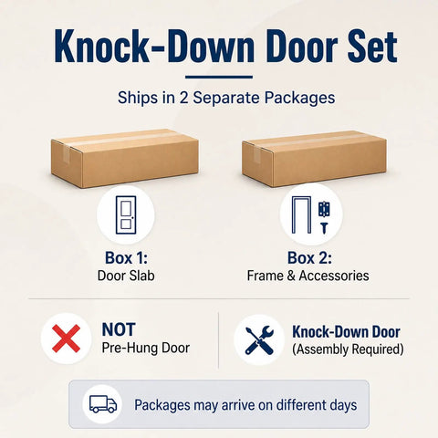 Knock-Down Door Set packaging showcasing Box 1 for door slab and Box 2 for frame and accessories.