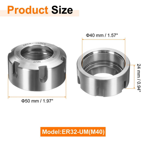Er32 Collet Clamping Nut Featuring Dynamic Balance Holes And M40 Threading Built From Rock Solid 40Cr Alloy Steel For Heavy Duty Cnc Lathe Chuck Milling Tool Holders Bright Silver Finish, shown with size dimensions.