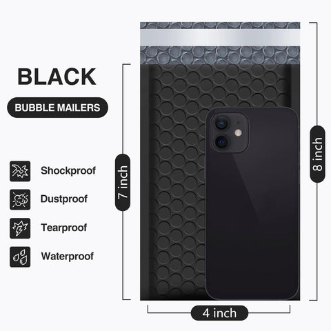 Black Bubble Mailers 4x8 Inch 50 Pack Padded Self Seal Envelopes with 4x7 Inner Size shown with smartphone for scale