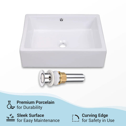 Rectangular Porcelain Vessel Sink For Bathroom Above Counter White With Chrome Drain And Overflow Industrial Modern Style Twenty By Fourteen Inch Size No Fuss Durable Ceramic Construction And Easy To Clean displayed with chrome drain