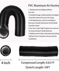 4 Inch PVC Aluminum Air Ducting 10 Ft Black Flexible Hose with Specifications for HVAC Ventilation Duct Fan Systems