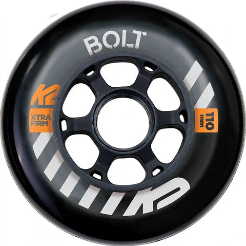 Bolt Urban Inline Skate Wheels 110mm 90A 2 Pack High Rebound Formula in black with orange details for stable city cruising.