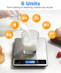 Digital Food Scale For Kitchen Gamechanger, 33 Lb Capacity, 1 G Precision, showing milk being poured and LCD display