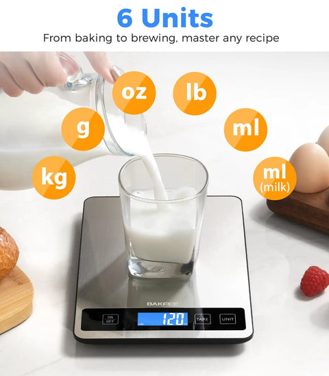 Digital Food Scale For Kitchen Gamechanger, 33 Lb Capacity, 1 G Precision, showing milk being poured and LCD display
