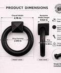 Black Cast Iron Cabinet Drawer Ring Pull, Mission Style Antique Drop, 1-7/8 Inch Swing Ring dimensions display with details.