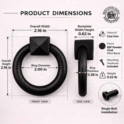 Black Cast Iron Cabinet Drawer Ring Pull, Mission Style Antique Drop, 1-7/8 Inch Swing Ring dimensions display with details.