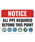 Heavy Duty PPE Safety Sign 14 By 10 Inches Aluminum Construction Site Sign For Workplace Safety Personal Protective Equipment Durable 60 Mil Thick Aluminum With High Visibility Colors For Quick Notice On Job Sites, depicting 'Notice: All PPE Required Beyond This Point' with icons of safety gear