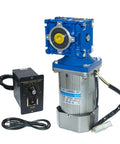 Front view of Bemonoc 120W AC worm gear motor with speed controller; blue gearbox, 14mm shaft.