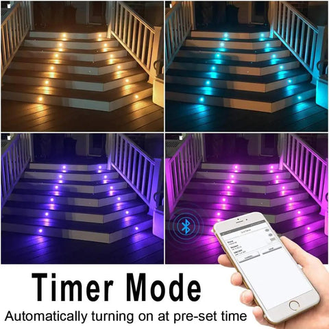 Lit LED Deck Lights Kit 10 Pack RGBW Recessed Low Voltage In Ground Lighting with Smartphone Control on stairs