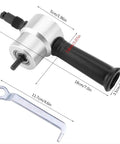 Heavy Duty Metal Nibbler Drill Attachment With Double P Blade For Stainless Steel Iron Aluminum Copper Sheet Cutting Portable Electric Hand Tool Precision Shearing with measurements and hex wrench shown.