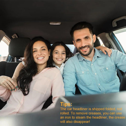 Auto suede headliner fabric with foam backing in a car interior; family of three smiling in the front seats.