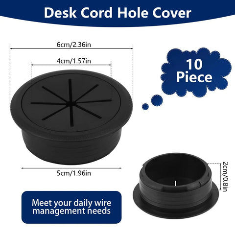 10 Pack Desk Grommets 2 Inch Hole Covers For Wires Black Cable Grommets For Tables Desks Countertops Cabinets And Furniture, 50mm Opening, 60mm Outer Diameter, 20mm Height, Durable Plastic.