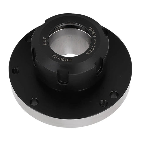 Heavy Duty Oumefar ER50 Collet Chuck With 130mm Diameter And 7 Hole Eccentric Nut Flange for lathe setup, stainless steel material.