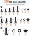 Black Metric Flange Bolt Assortment Kit With Nuts And Washers, M6x1.0 M8x1.25 M10x1.5, 12 To 30mm Lengths, 300-Piece