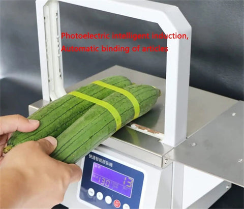 Automatic Omnidirectional Sausage Strapping Machine For Supermarket Vegetables And Food bundling cucumbers with green strap.