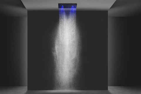 Top Shelf 16 Square Led Shower System With Brushed Nickel Thermostatic Controls For Rainfall Mist And Handheld Sprayers Heavy Duty Stainless Steel Frame With Temp Sensing Color Lights overhead LED rainfall shower with mesmerizing blue light.