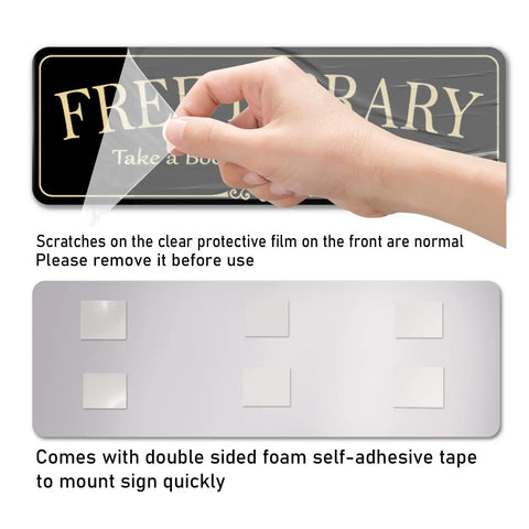 Person peeling protective film from Acrylic 9x3 Inch Free Library Sign Self Stick Door Wall Signage with Royal Black Finish and foam tape.
