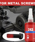 Heavy Duty Thread Locker Adhesive 50Ml Industrial Grade Red Anaerobic Sealant bottle beside metal screws for industrial use