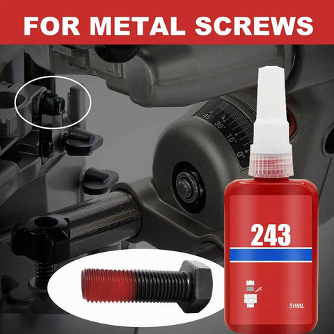 Heavy Duty Thread Locker Adhesive 50Ml Industrial Grade Red Anaerobic Sealant bottle beside metal screws for industrial use