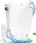 Electric Heated Bidet Toilet Seat With Smart Remote And Instant Warm Water Spray Featuring Easy Pressure Controls For Smooth Cleansing Paired With Quick Dryer That Brings Hella Comfort To Your Bathroom Setup On Every Elongated Model with remote and water splash effect.