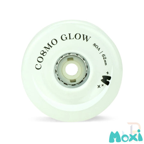 Close-up of Cosmo Glow LED Outdoor Roller Skate Wheel, 62mm x 32mm, White Rain Glow, showing printed text and hub design.