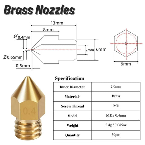 Diagram and specifications for 30 Pack 0.4mm Brass Nozzles for Ender 3 V2 and Creality CR10 Series 3D Printer With Storage Box