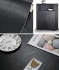 Dark Wood Peel And Stick Wallpaper For Countertops And Furniture Waterproof Vinyl showing roll, cabinet, and applied surface