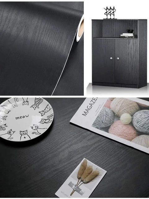 Dark Wood Peel And Stick Wallpaper For Countertops And Furniture Waterproof Vinyl showing roll, cabinet, and applied surface