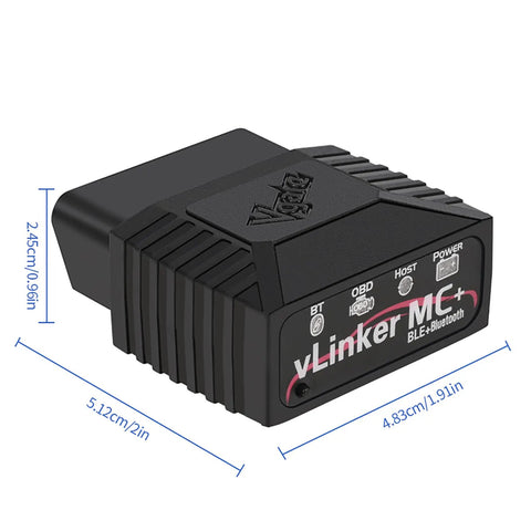 vLinker MC Plus OBDII Bluetooth Adapter for Car All Systems Diagnostic, Wireless OBD2 Scanner with dimensions shown