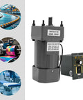 Heavy Duty 120W Single Phase Gear Motor With Speed Controller For Industrial Machinery Textile Works Die-Cast Aluminum Build And Double Bearings shown from the side.