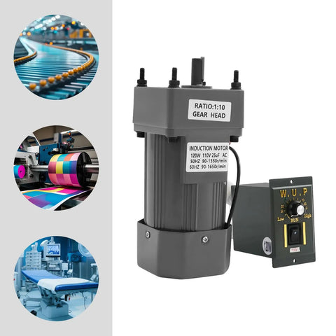 Heavy Duty 120W Single Phase Gear Motor With Speed Controller For Industrial Machinery Textile Works Die-Cast Aluminum Build And Double Bearings shown from the side.