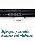 Beefy Industrial Heavy Duty Drawer Slides Telescoping Metal Runners With Thick Steel Plate And Black Wear Resistant Coating Built To Handle Big Loads Without Bending, shown on scale