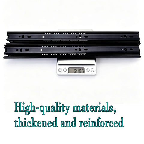 Beefy Industrial Heavy Duty Drawer Slides Telescoping Metal Runners With Thick Steel Plate And Black Wear Resistant Coating Built To Handle Big Loads Without Bending, shown on scale