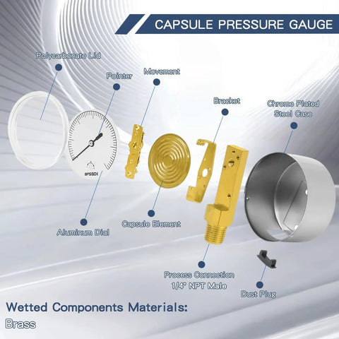 BPSSDI 0-5 psi capsule pressure gauge with 2.5 inch dial, 1/4 inch NPT male connection, chrome-plated steel case