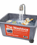 Gray plastic sink insert with water, brushes, and rollers; Sink Insert For Easy Paint Cleanup With Brush And Roller Cleaner Tray Paint Tool Washer System Keeps Paint Out Of Your Sink No Fuss Fits Most Sinks Made In USA