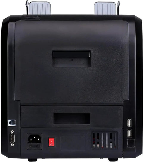 Back view of Top Tier Money Counter Machine For Mixed Denomination Bills with connectivity ports and control panel.