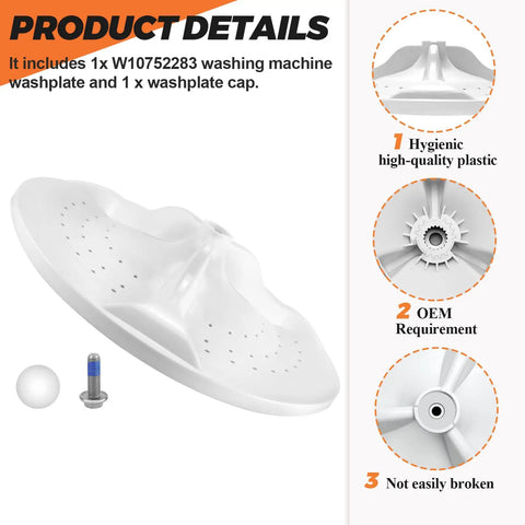 2026 Upgraded Washer Washplate With Center Cover Replacement for Front Load Washers Easy Install Durable Nylon Construction Includes Cap And Screw Replaces W10834890 W10609476 AP5956378 3452757 PS10064549, white plastic washplate with cap and screw