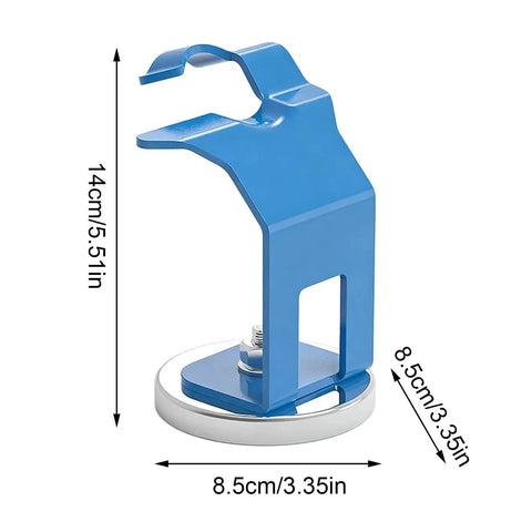 Heavy Duty Magnetic Welding Torch Holder With Strong Base And Anti-Slip Design showcases a sturdy blue steel design with measurements.