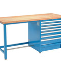 Tough As Nails Modular Workbench With Seven Spacious Drawers And Real Maple Butcher Block Top, Blue Garage Station For Weekend Warriors And Daily Hustle, side view showcasing drawers and top surface.