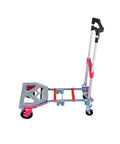 Fold Up Convertible Hand Truck with a 4 piece frame, red powder coated finish, vertical position for easy storage
