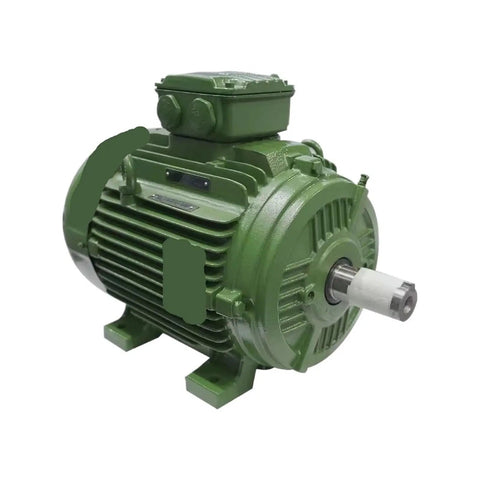 Industrial Three Phase AC Induction Motor 15Kw 15000W High Efficiency Beast With Universal Base Mount, green steel motor shown side view.