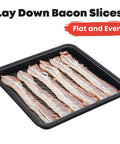 Microwave Bacon Crisper Tray with bacon slices laid flat, aluminum square 12x12 inches, gray, showcases bacon arrangement