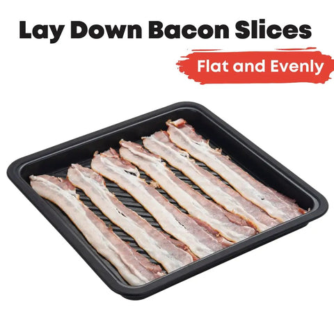 Microwave Bacon Crisper Tray with bacon slices laid flat, aluminum square 12x12 inches, gray, showcases bacon arrangement